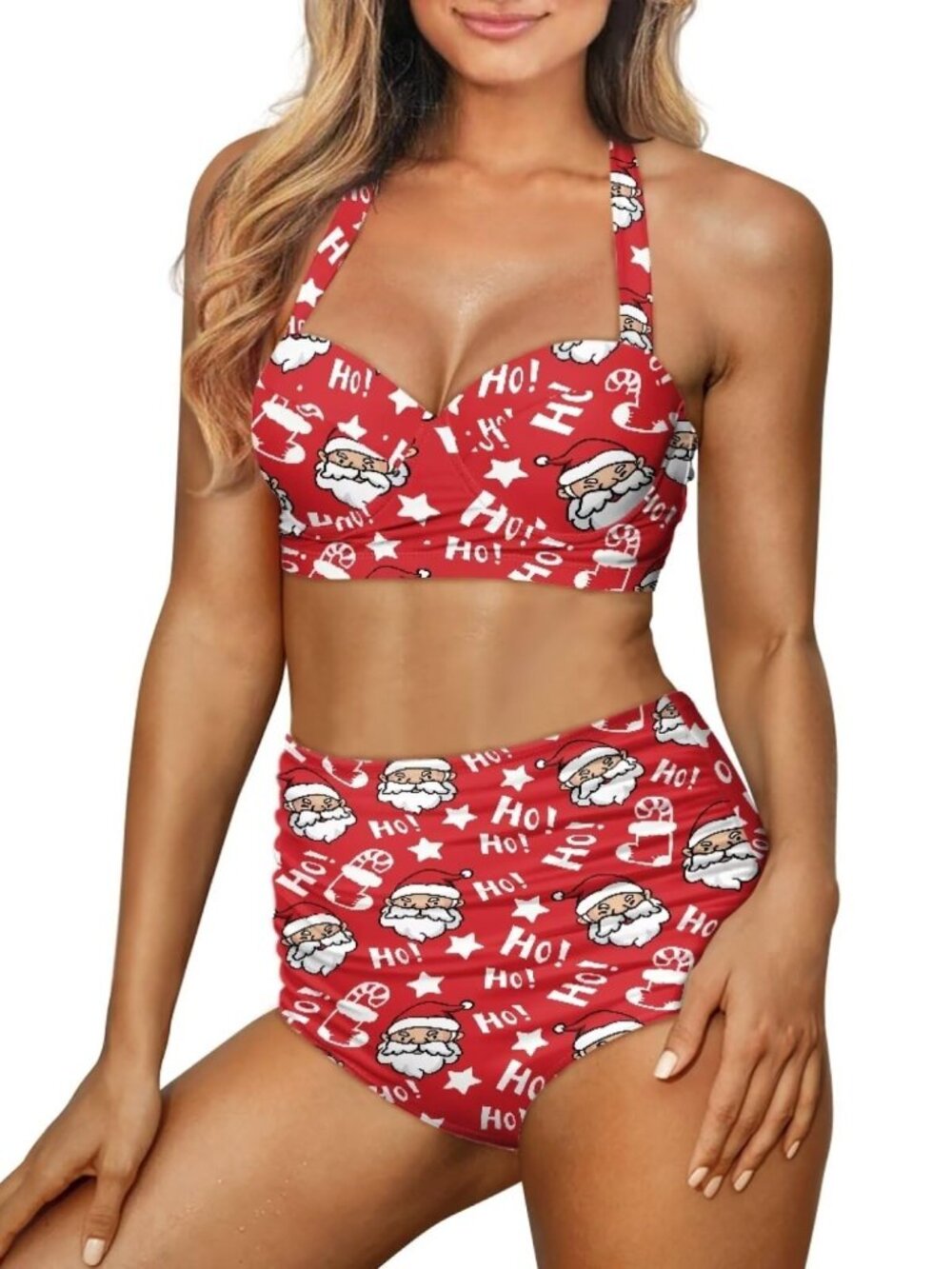 Red Classic Red Christmas Santa Claus Stripes Push Up High Waisted Bikini